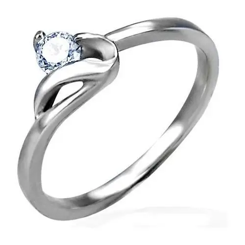 Biżuteria e-shop Zaręczynowy pierścionek srebrnego koloru, stal 316l, okrągła bezbarwna cyrkonia i faliste ramię - rozmiar: 49