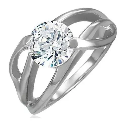 Zaręczynowy pierścionek z poprzecznym uchwytem i okrągłą bezbarwną cyrkonią, stal 316l - rozmiar: 50 Biżuteria e-shop