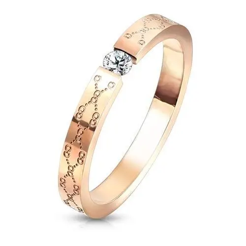 Zaręczynowy pierścionek ze stali - bezbarwna cyrkonia, kolor miedziany, delikatne grawerowanie - Rozmiar: 52