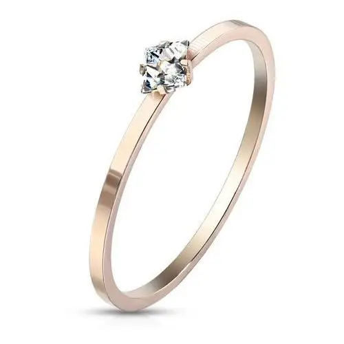 Zaręczynowy pierścionek ze stali miedzianego koloru - przezroczysta cyrkonia w kształcie kwadratu, błyszcząca powierzchnia - rozmiar: 52 Biżuteria e-shop