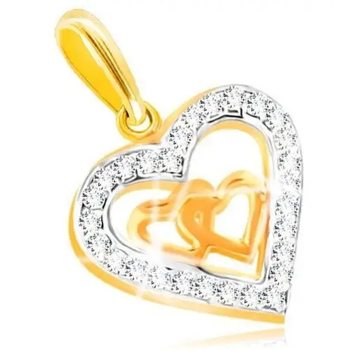 Zawieszka w połączonym złocie 585 - dwa małe serca w obwodzie serca, cyrkonie Biżuteria e-shop