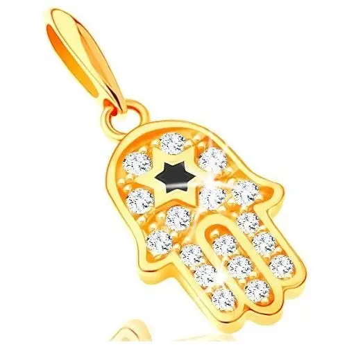 Zawieszka z żółtego 14k złota - symbol hamsa z przezroczystymi cyrkoniami i czarną gwiazdą Biżuteria e-shop