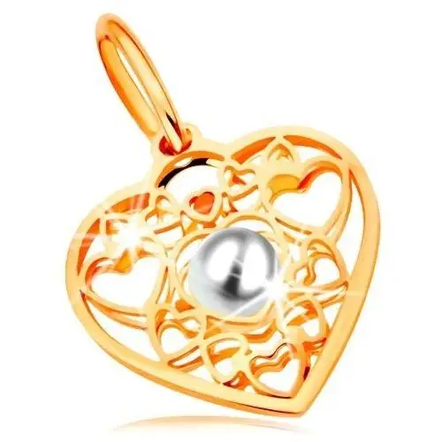 Zawieszka z żółtego złota 585 - serce ozdobione zarysami serduszek z białą perłą w środku