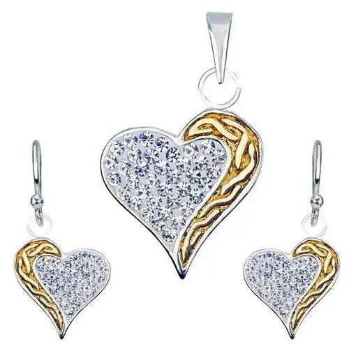 Biżuteria e-shop Zestaw kolczyki i zawieszka ze srebra 925 - cyrkonie, złoty pas, serce