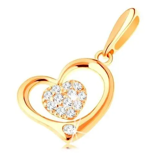 Złota zawieszka 585 - lśniący zarys serca z mniejszym cyrkoniowym serduszkiem Biżuteria e-shop