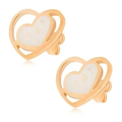 Biżuteria e-shop Złote kolczyki ze stali, białe perłowe serce w konturach serca