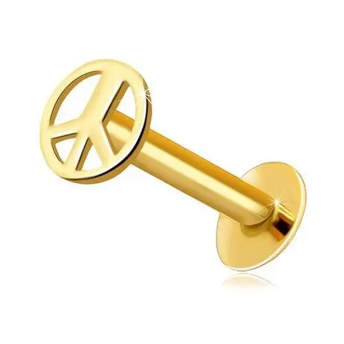Złoty 14K piercing do wargi i brody - okrągły symbol pokoju, lśniąca powierzchnia