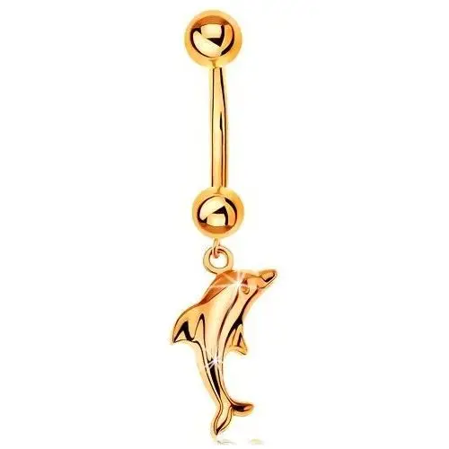 Złoty 375 piercing do pępka - banan z dwiema kuleczkami i wiszący lśniący delfin, S2GG182.36