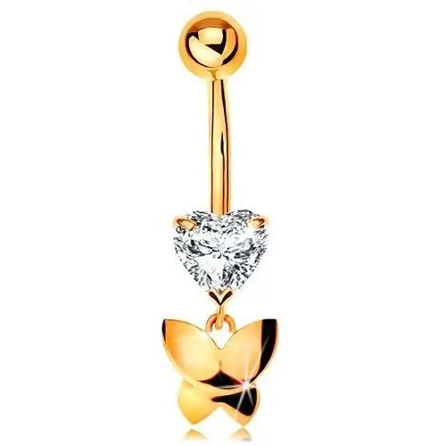 Biżuteria e-shop Złoty 375 piercing do pępka - bezbarwne oszlifowane serduszko, wiszący lśniący motyl