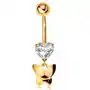Biżuteria e-shop Złoty 375 piercing do pępka - bezbarwne oszlifowane serduszko, wiszący lśniący motyl Sklep