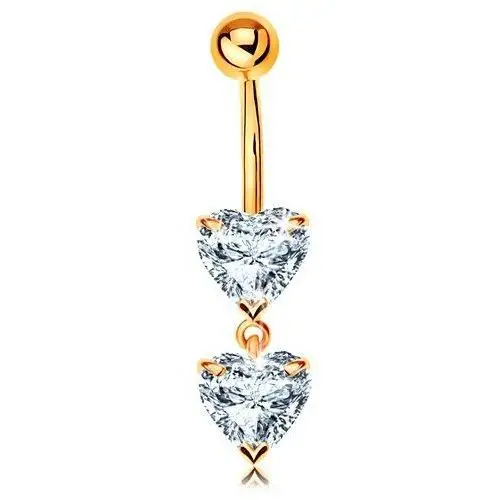 Biżuteria e-shop Złoty 585 piercing do pępka - dwa błyszczące serduszka z bezbarwnych cyrkonii