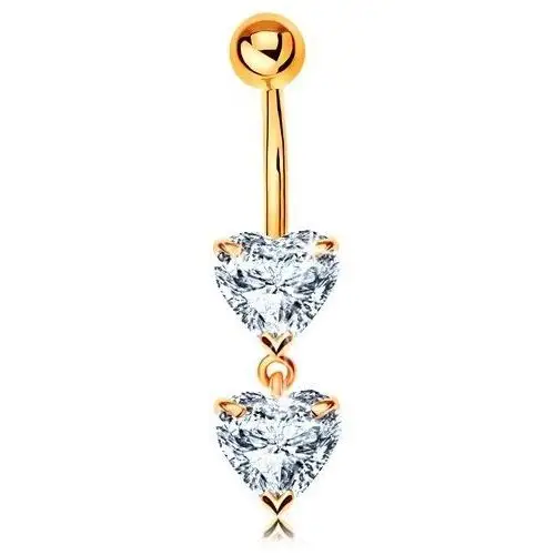 Biżuteria e-shop Złoty 585 piercing do pępka - dwa błyszczące serduszka z bezbarwnych cyrkonii