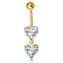 Biżuteria e-shop Złoty 585 piercing do pępka - dwa błyszczące serduszka z bezbarwnych cyrkonii Sklep