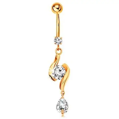 Biżuteria e-shop Złoty 585 piercing do pępka - dwie lśniące fale z cyrkonią w środku i łza