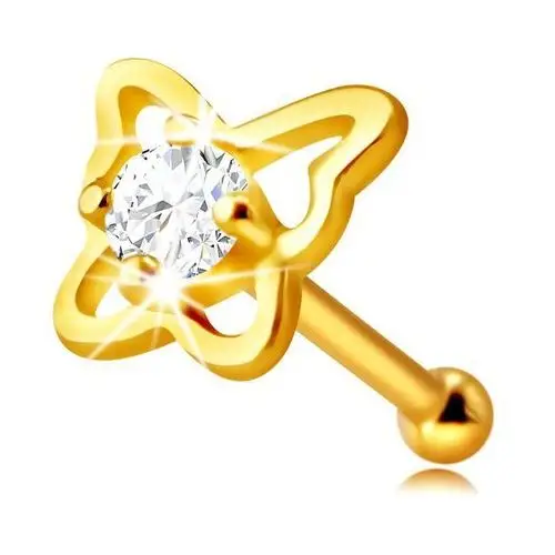 Złoty 9k piercing do nosa - kontur motyla z okrągłą cyrkonią bezbarwnego koloru, 2 mm Biżuteria e-shop