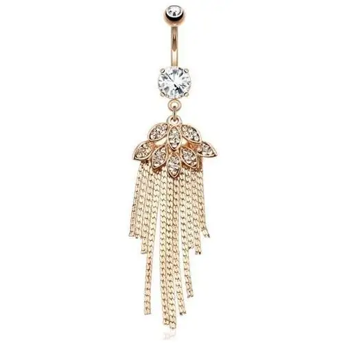 Złoty kolczyk do pępka ze stali, liście i łańcuszki, przezroczyste szlifowane kamyczki Biżuteria e-shop