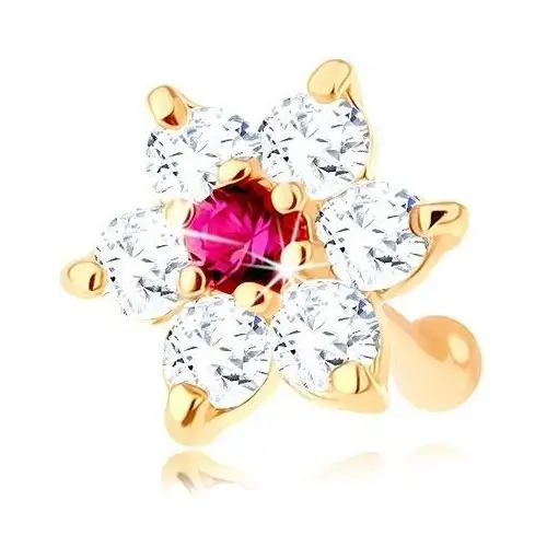 Biżuteria e-shop Złoty piercing do nosa 585, prosty - błyszczący kwiat z rubinu i cyrkonii