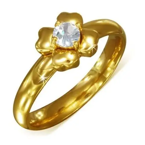 Złoty pierścionek ze stali nierdzewnej z bezbarwną cyrkonią - kwiat - rozmiar: 60 Biżuteria e-shop