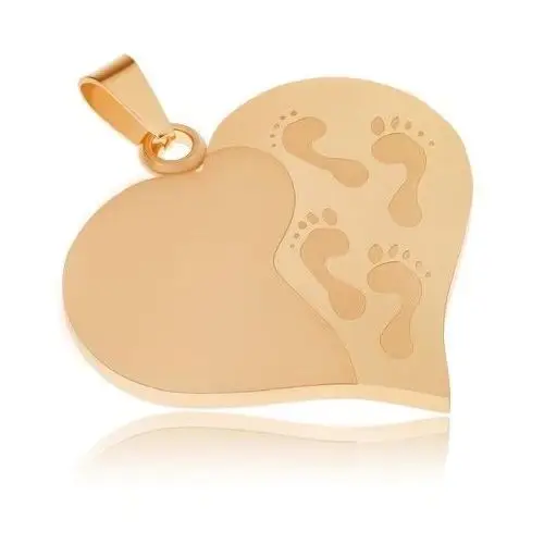 Biżuteria e-shop Złoty wisiorek ze stali, symetryczne serce, wygrawerowane ślady stóp