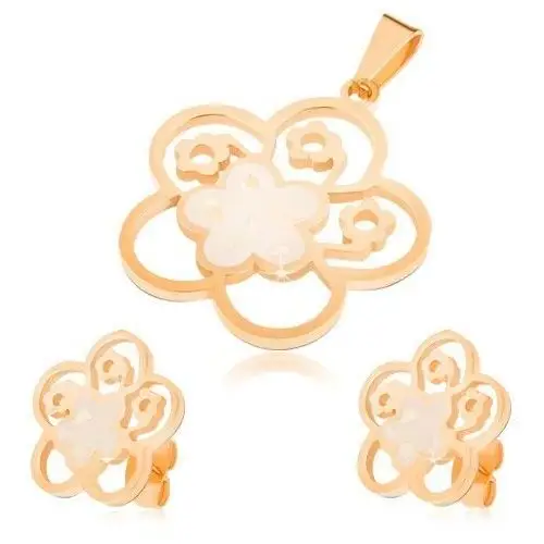 Biżuteria e-shop Złoty zestaw ze stali, kolczyki i wisiorek, wycinany kwiat z perłowym wypełnieniem