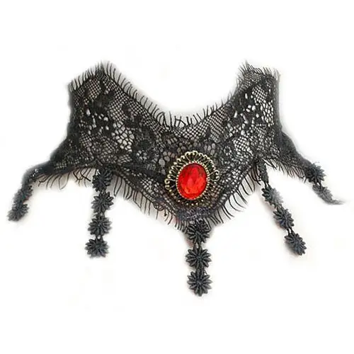 Brak- Naszyjnik czarna aksamitka ażurowa koronkowa z czerwoną cyrkonią na prezent