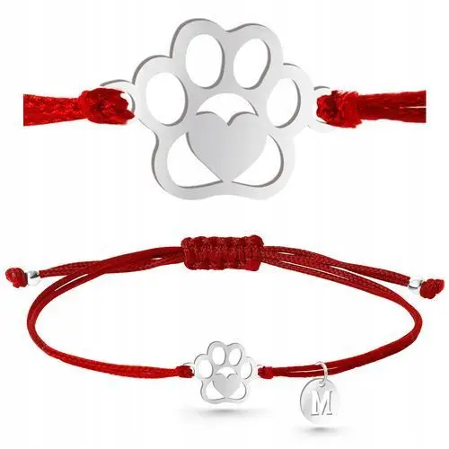 Bransoletka sznurkowa czerwona na szczęście psia łapka srebrna 925, kolor czerwony