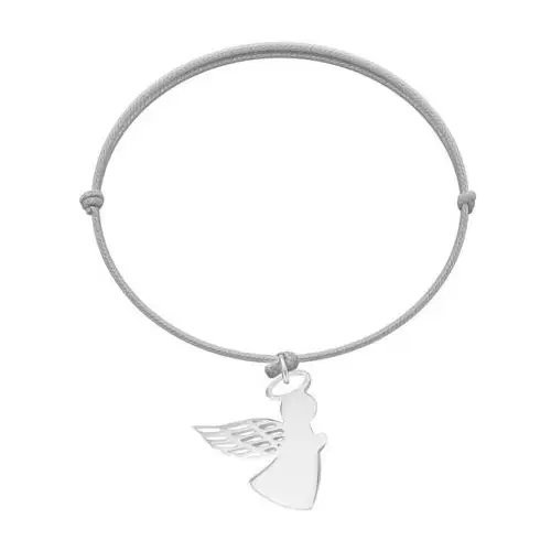 Bransoletka ze srebrnym Aniołkiem z ażurowym skrzydłem 2 cm, na cienkim jasnoszarym sznurku