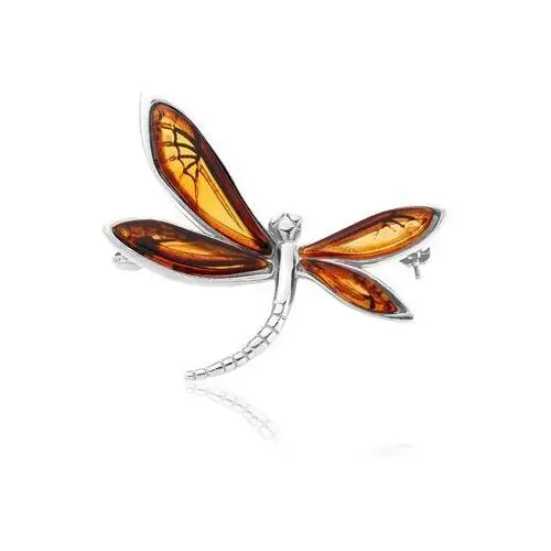 Broszka srebrna ważka z bursztynem mini Dragonfly, kolor pomarańczowy