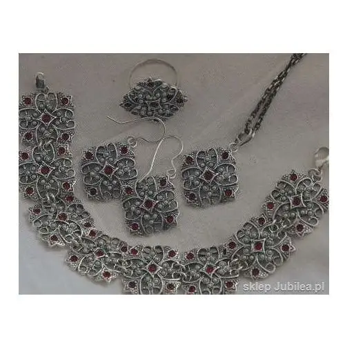 Cesarta - srebrny komplet z rubinem i perłami, kolor czerwony