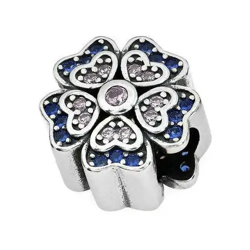 Srebrny charms kwiatek do bransoletki z niebieskimi cyrkoniami, SZA_2141_925