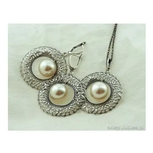 DORINA - srebrny komplet biżuterii z perłami, kolor biały