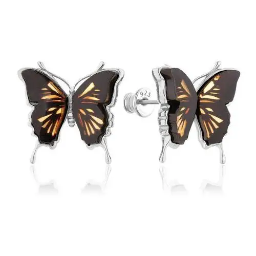 Kolczyki na sztyft srebrne motyle z bursztynem Butterfly Touch, kolor pomarańczowy