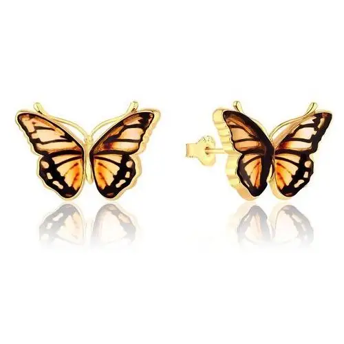 Kolczyki na sztyft srebrne pozłacane motyle z bursztynem Butterfly Kiss