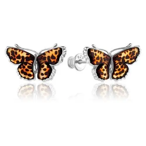 Kolczyki srebrne motyle z bursztynem Butterfly Rustle, kolor pomarańczowy