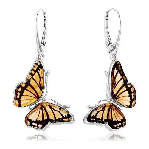 Kolczyki wiszące srebrne motyle z bursztynem Butterfly Kiss