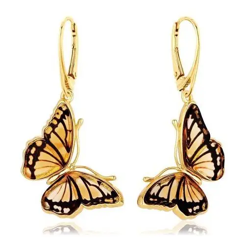 Kolczyki wiszące srebrne pozłacane motyle z bursztynem Butterfly Kiss