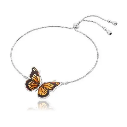 Bransoletka regulowana srebrna motyl z bursztynem Butterfly Monarch, kolor pomarańczowy