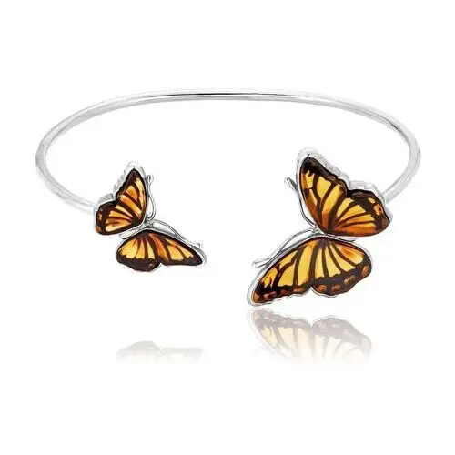 Bransoletka sztywna srebrna motyl z bursztynem Butterfly Kiss