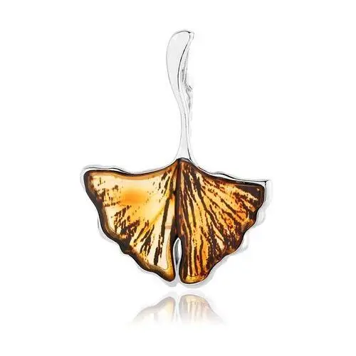 Broszka srebrna liść miłorzębu z bursztynem Ginkgo Leaf, kolor pomarańczowy
