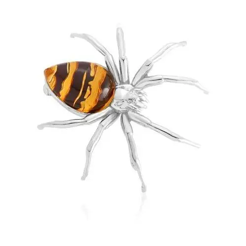 Broszka srebrna pająk z bursztynem