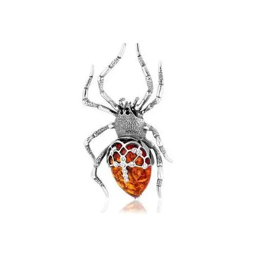 Lawaiia Broszka srebrna pająk z koniakowym bursztynem cross spider