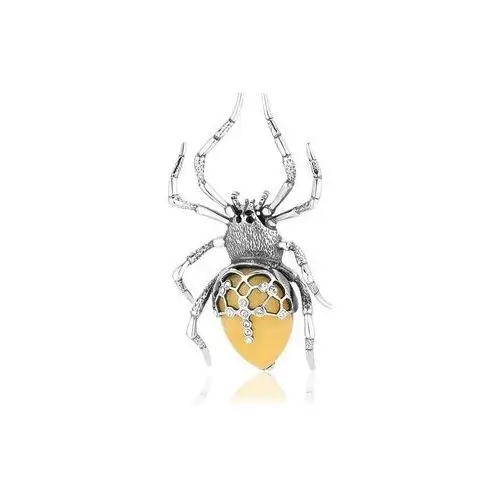 Broszka srebrna pająk z mlecznym bursztynem Cross Spider, kolor pomarańczowy