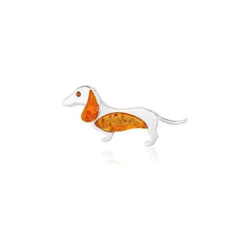 Broszka srebrna pies jamnik z koniakowym bursztynem Dachshund, kolor pomarańczowy