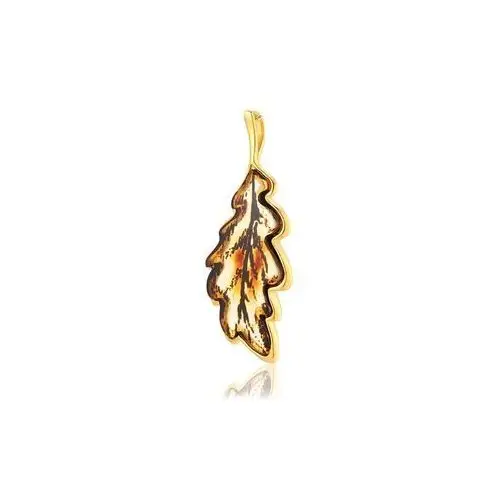 Broszka srebrna pozłacana liść lipy z bursztynem Oak Leaf, kolor pomarańczowy