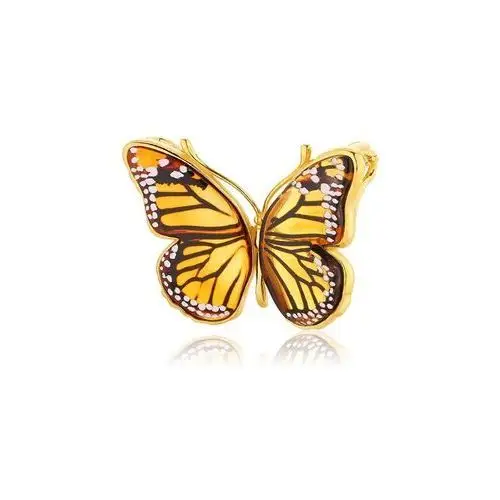 Broszka srebrna pozłacana motyl z bursztynem bałtyckim Butterfly Monarch