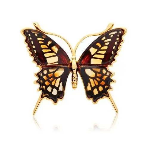 Broszka srebrna pozłacana motyl z bursztynem Big Butterfly Gleam, kolor pomarańczowy