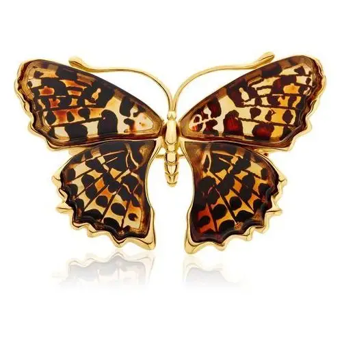 Broszka srebrna pozłacana motyl z bursztynem big butterfly rustle Lawaiia