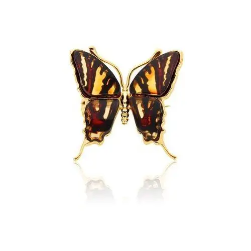 Broszka srebrna pozłacana motyl z bursztynem mini Butterfly Breath