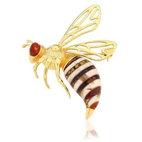 Broszka srebrna pozłacana pszczoła z bursztynem Big Bee, kolor pomarańczowy