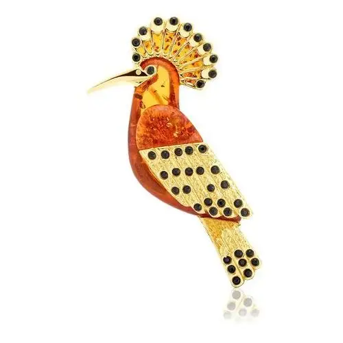 Lawaiia Broszka srebrna pozłacana ptak dudek z bursztynem hoopoe